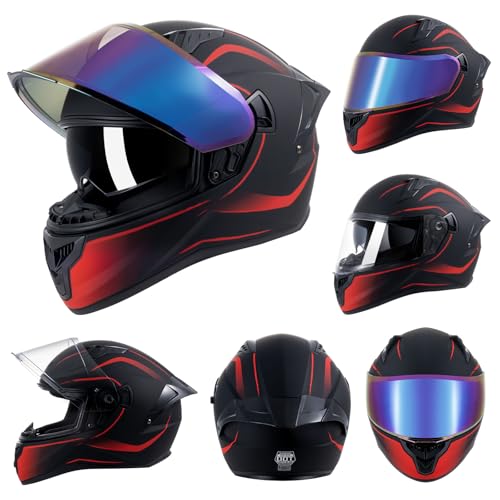 Full Face Motorcycle Helmets for Adult Men Women, DOT Approved Street Bike Racing Helmet Dual Visor Quick Release Buckle, Motorbike ADV Moped Helmet with Extra Clear Visor (Matte Black Red, XL) by helmelkin - Used condition - Image 2
