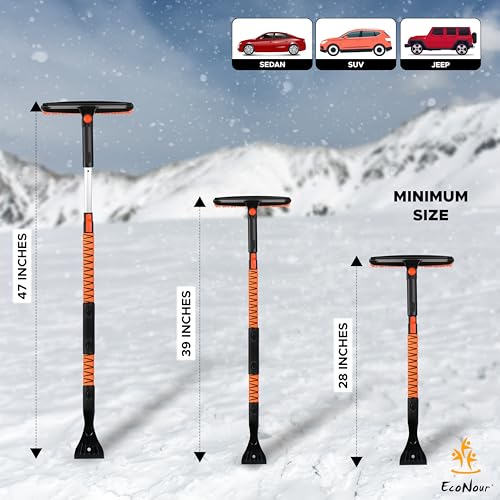Image of EcoNour 47 inch Extendable Snow Brush and Ice Scraper Pivoting Squeegee | Aluminum Handle | Telescopic Snow Brush for Car and SUV Windshield with 270 , Roof & Windows Winter Car Accessories