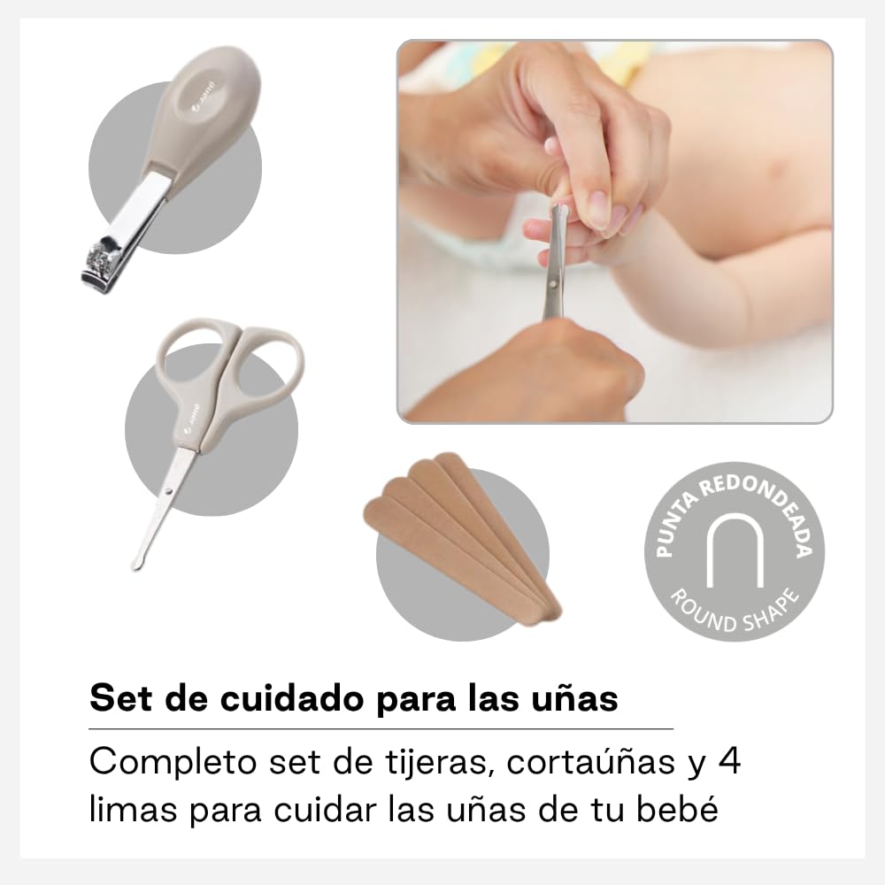 Jané Set de Higiene Bebé Basic con Neceser, Peine, Cepillo Cerdas Naturales, Tijeras, Cortauñas, Limas y Cepillo Dental Silicona, Beige