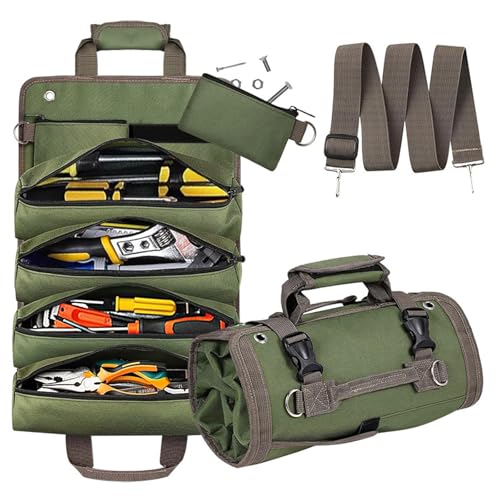 Bolsa organizadora de herramientas, organizador plegable de herramientas enrollable con 2 bolsas desmontables, organización de almacenamiento de herramientas resistente para mecánico, bolsa de