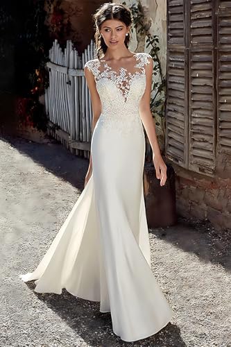 Image of White Lace Applique Wedding Dress for Bride Engagement Column Chiffon Long Formal Bridal Dresses Elegant Tulle Sheath Wedding Gown for Women US16