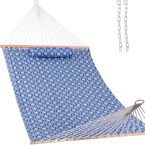 Lazy Daze Hammocks 12 FT Double Quilted Fabric Hammock with Spreader Bars and Detachable Pillow, 2 Person Hammock for Outdoor Patio Backyard Poolside, 450 LBS Weight Capacity, Blue Floral,HM