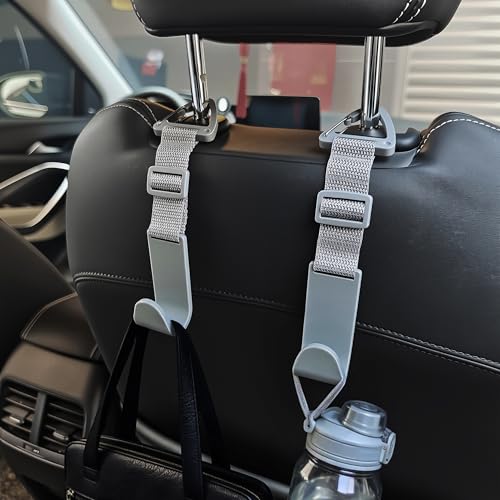 Image of Amooca 4 Pack Anti-drop Headrest Hooks Adjustable Car Seat Organizer | Universal Fit with Clip, Hanger for Backpack Umbrella Water Bottle Coat Purses Handbags Groceries, 40lb Heavy Duty, Gray