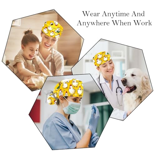 Image of 2 PCS Bouffant Cap with Button Ponytail Pouch Working Cap Sweatband Adjustable Surgical Cap Black and White Cow