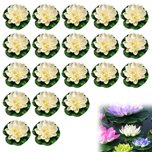 Seerosen Künstlich 20 Stück,Teichpflanzen Miniteich,Schwimmende Blumen,Wasserlilie Pflanzen,schwimmpflanzen miniteich,Künstliche Blumen White Lotus,Schwimmende Teichdeko für Gartenterrasse Dekoration