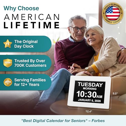 Image of American Lifetime New 2026 Dementia Clock Large for Seniors, Digital Clock Large Display with Custom Alarms, Clock with Day & Date for Elderly, Number Digital Clock 12 Inches White