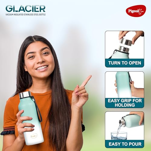 Image of Pigeon by Stovekraft Glacier 750 ml Vacuum Wide Mouth Bottle, Hot & Cold Retention & Leak Proof (Teal Blue)