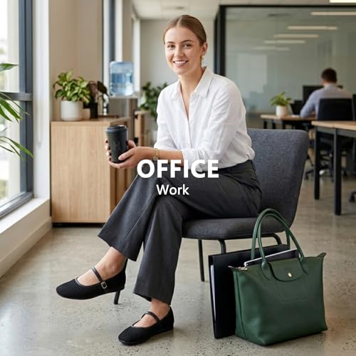 Image of Buyrew Women's Mary Jane Flats Breathable Mesh Square Toe Ballet Flats with Arch Support Washable Non Slip Casual Dress Shoes for Work Office