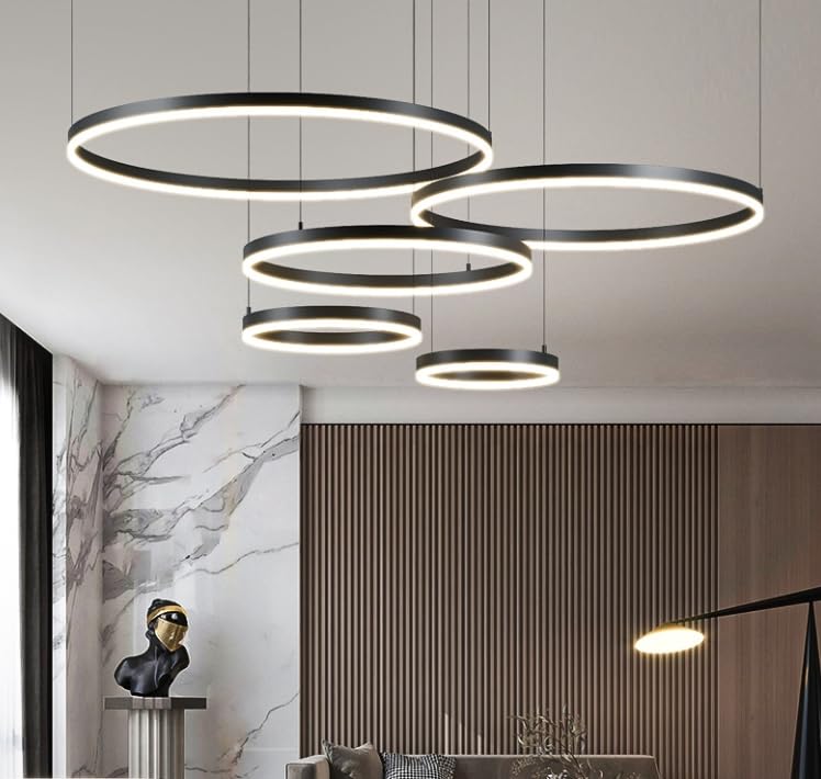 STARRYOL Lampada a sospensione moderna a LED, collezione 5 anelli, lampadario cerchio, lampadario led soffitto, dimmerabile 2700K - 6500K, con telecomando - 120W