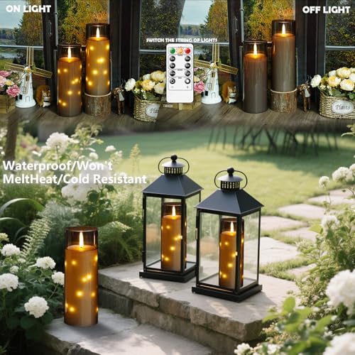 Image of kakoya 11 inch x 4 inch Large Outdoor Waterproof Flameless LED Candles with Remote and Timer,Acrylic Pillar Candles Battery Operated with Embedded Star String for Porch,Patio,Outdoor Decor,Set of 2(Grey)