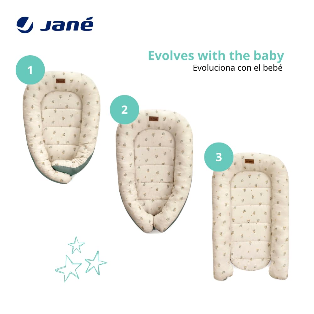 Jané Growing Cute, Nido Reductor para Bebé, Favorece el Estado del Sueño, Reversible, Transpirable, Verde