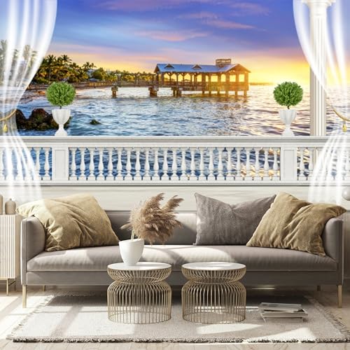 Carta da parati 3D per balcone, vista mare, tramonto – Carta da parati grande autoadesiva, rimovibile, per soggiorno, camera da letto, bagno, ufficio, sala da pranzo, camera dei bambini