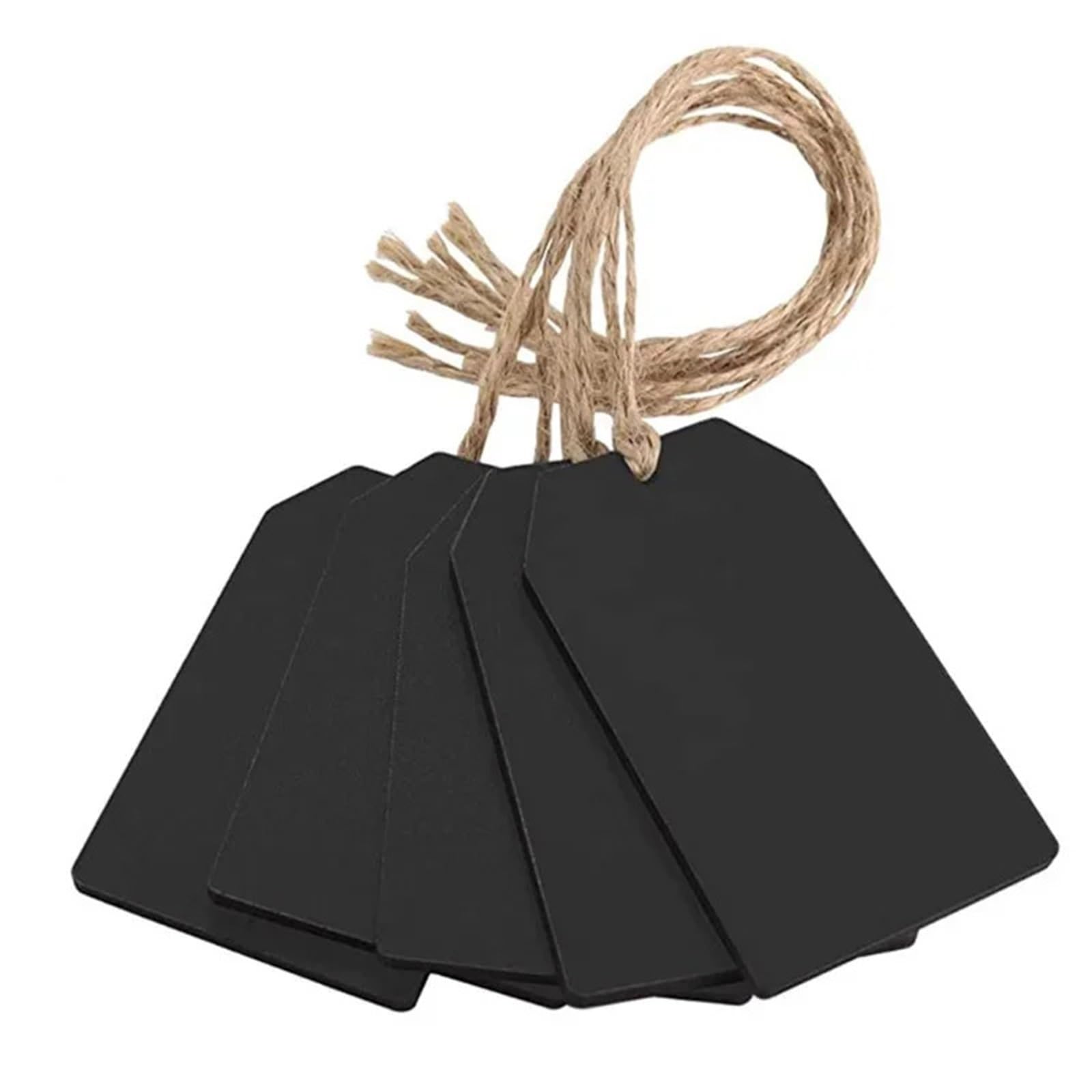 Lot de 50 étiquettes de prix avec ficelle en ardoise noire double face effaçables à suspendre en corde de chanvre pour vêtements, bijoux, étiquettes vierges de marquage de marchandise