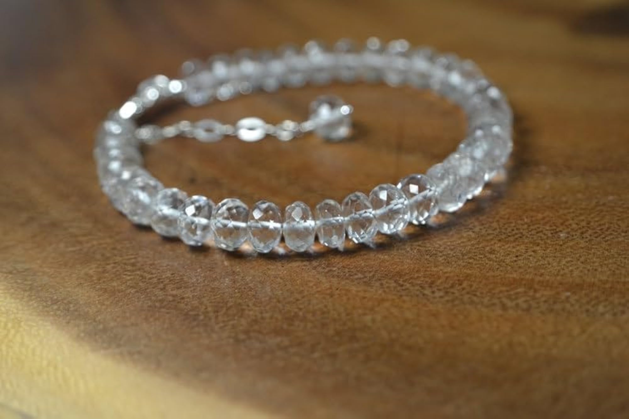 Crystal Quartz Rondelle Beaded Bracelet with Silver Lock, Adjustable 7 Inch