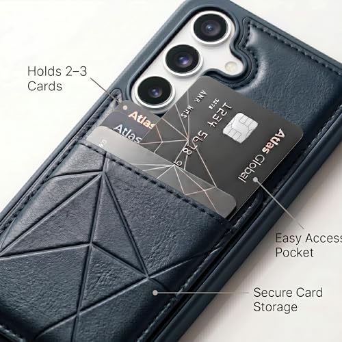 Image of amazon basics Premium Vegan Leather Back Cover with Card Holder and Integrated Mobile Stand for Samsung Galaxy S24FE 5G - Slim Shockproof Wallet Case with Geometric Stitching [Blue]