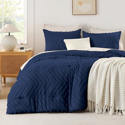 Image of Andency Navy Blue Comforter Set Queen Size, Boho Soft Warm Tufted Bedding Comforter Sets for Queen Size Bed, 3 Pieces Aesthetic Chevron Farmhouse Cute Bohemian Textured Bed Set