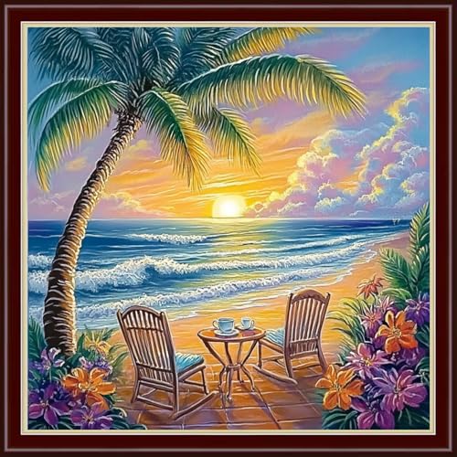 Image of Dimensean Stamped Cross Stitch Kits Full Range of Embroidery Patterns Starter Kits for Beginners Adult DIY Cross Stitches Needlepoint Kits 11CT-Rest at Sunrise by the Seaside 18x18 inch