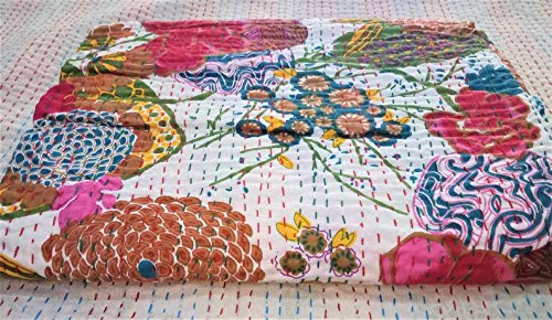 Textile Work Creations Handmade Kantha Quilt Home Decor Multicolour 90 x 108 Inch Queen Size Kantha Quilt-image-43