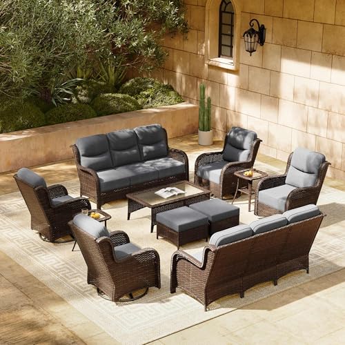 HILLGA Luxury Patio Furniture Set with 6-inch Thick Cushion, Outdoor Couch and High Back Swivel Rocker Patio Chairs, 11PCS Wicker Conversation Set for Deck Yard and Poolside, Dark Grey (V2)
