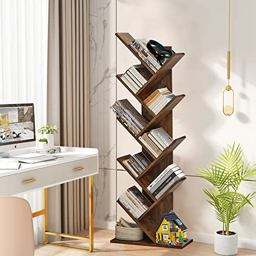 Prijesse 9 Shelf Tree Bookshelf, Retro Wood Bookcase, Free-Standing Storage Shelves Books Holder Organizer For Living Room, Bedroom, Kid's Room, Home Office #TOP1