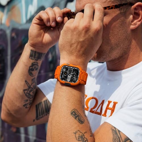 Image of amBand Bands Compatible with Apple Watch 9 /8 /7 45mm, M1 Sport Series Rugged Case with TPU Strap Military Protective Tough Cover Bumper for iWatch SE3 /SE2 /SE /6 /5 /4 /3 44mm 42mm Men Orange