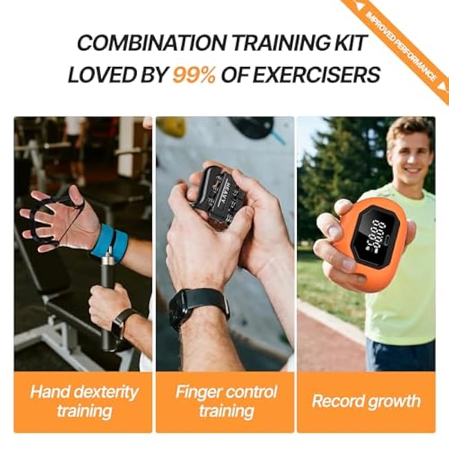 Hand Grip Strength Tester Trainer - Strength Dynamometer for Fun Rechargeable Hand Exercising Device with Finger Exerciser and Stretcher Exercise Workout Equipment for Palm Black Orange