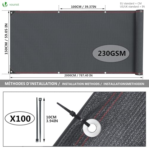 Image of VOUNOT Privacy Netting 1.5x20m Garden Screening 230 g /m HDPE Shading Net, 95% Shading Rate UV-resistant, Tear-Resistant Windbreak Fencing with Holes and Cable Ties, Anthracite