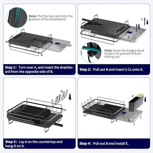 Adjustable Extendable Dish Drying Rack with Cutlery Holder & Cup Stand - Non-Slip Silicone Feet, 360° Rotatable Water Outlet, Carbon Steel Kitchen Drainer Board - Image 7