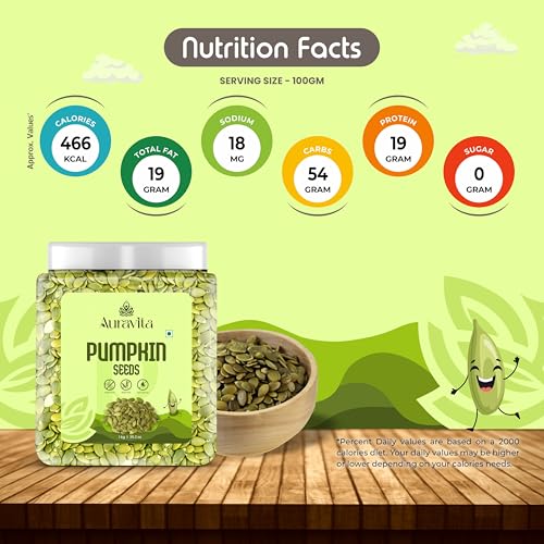 Image of Auravita Premium Pumpkin Seeds 1KG | Raw & Natural Seeds for Eating | Protein Rich Healthy Snacks | Immunity Booster Superfood for Gift | High Fiber Diet Seeds | Vegan & Gluten Free