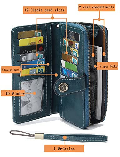 Jjuq Womens Wallet Leather Large Capacity Card Holder Zipper Wristlet Wallets For Women-Peacock Blue #TOP2