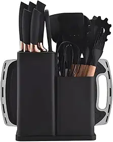 Kit 19 Utensílios de Cozinha Silicone Premium + Facas | Resistente ao Calor 230°C | Não Risca Panelas | Cabo de Madeira Antiderrapante | Conjunto Completo com Suporte