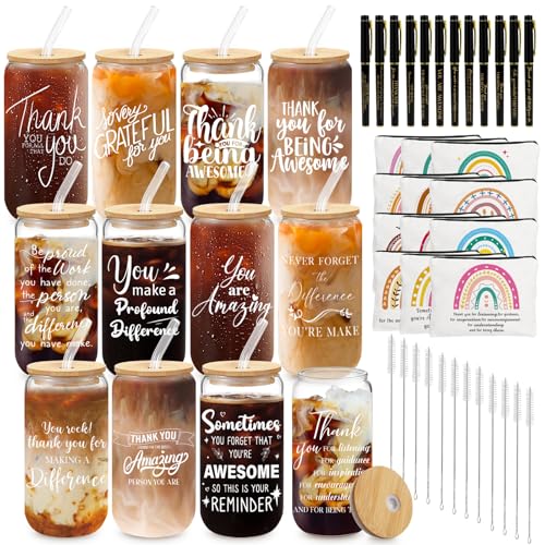 12 Set Employee Appreciation Gifts Thank You Gifts Bulk for Coworker Staff Teacher Nurses, Thank You Glass Cups 16 oz Can Shaped Beer Glass Makeup Bag Ballpoint Pen for Women Men (Novelty Style)