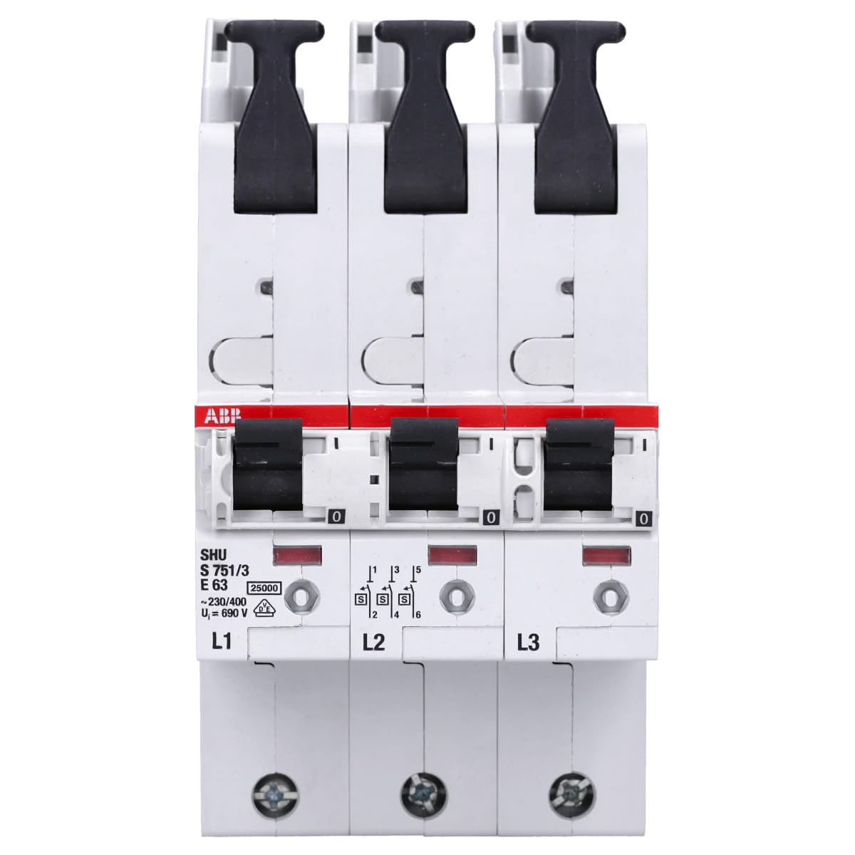 ABB S751/3-E63 SLS-Schalter 63A 3-polig - Selektiver Hauptschutzschalter | E-Charakteristik, 25kA Schaltvermögen, Montage auf 40mm Hutschiene IP20 Schutz 2CDS781001R4632