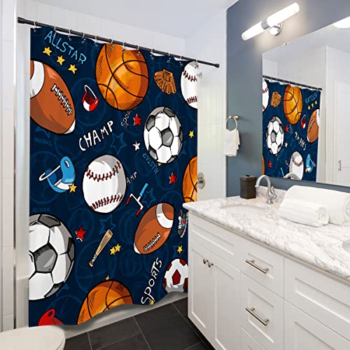 Lightinhome Sports Shower Curtain For Kids Boys Children Teens Basketball Football Baseball Hockey Star Blue Waterproof Bathroom Home Decor Set 60X72 Inch 12 Plastic Hooks #TOP1