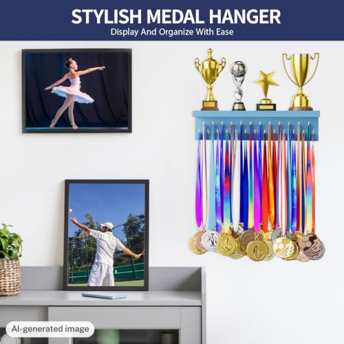 Image of Medal Holder Display Trophy Shelf Organizer, Sturdy Wooden Race Award Hanger Rack with 25 Steel Hooks, Wall Mount Storage Stand for Sports Fans, Cheer Success