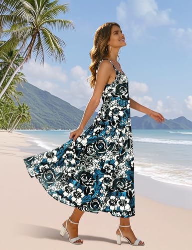 Image of YESNO Summer Bohemian Floral Dresses for Women Spaghetti Straps Maxi Dress Casual Flowy Dresses with Pockets ES0