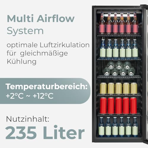 Bomann® Kühlschrank mit Glastür | Energieklasse C | 143cm | Getränkekühlschrank 2-12°C | MultiAirflow | 5 Gitterablagen | Türanschlag wechselbar | 236L | Flaschenkühlschrank | KSG 7292 schwarz