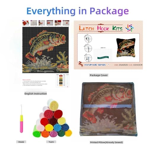 Latch Hook Pillow Kit Bass Fish Jumping from Water with Pre-Printed Pillow Cover DIY Pillowcase Crochet Yarn Hooking Craft Set for Hobby and Home Decor 43x43cm by Generic - Image 3