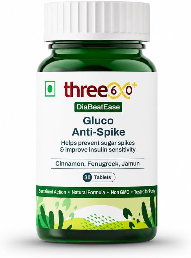 three60+ Gluco Anti-Spike Tablets with Fenugreek, Cinnamon, Jamun & Neem, Clinically Researched Blood Sugar & Diabetes Support | Natural, Gluten Free, Non-GMO | Pure Vegetarian| 30 Tablets per Pack
