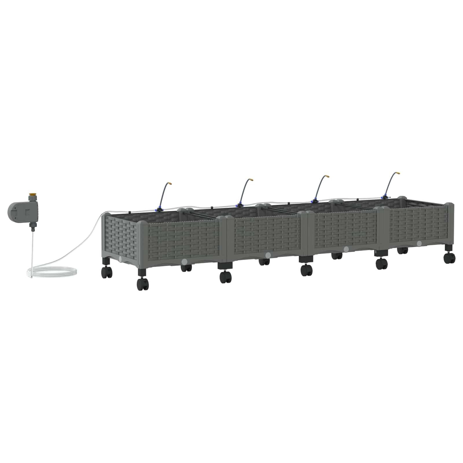 Set di 4 fioriere da giardino con ruote e irrigazione, grigio chiaro | Set di aiuole mobili per giardino e terrazza con sistema di irrigazione automatico e robuste fioriere in polipropilene.