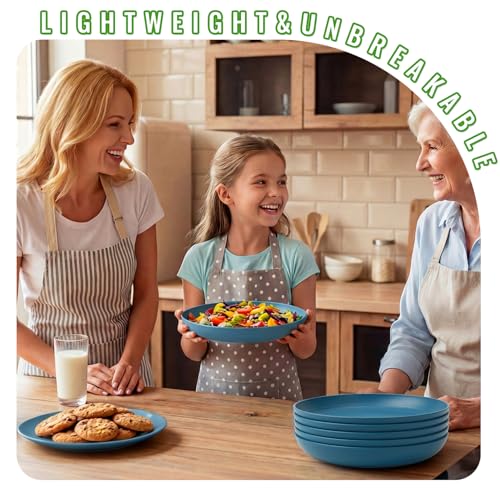 Image of Picnic Plates Reusable Set of 6, Unbreakable 9In Wheat Straw Plate | Dinner Plastic Plates for Home Kitchen Use, Dishwasher & Microwave Safe - Bule