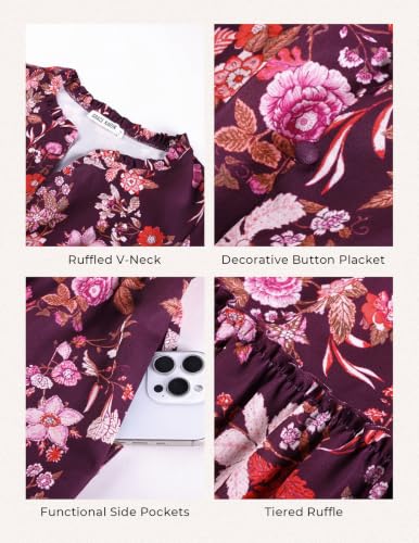 Image of GRACE KARIN Women's Floral Maxi Dress 2026 Fall Long Sleeve V Neck Empire Waist A Line Flowy Dress with Pocket