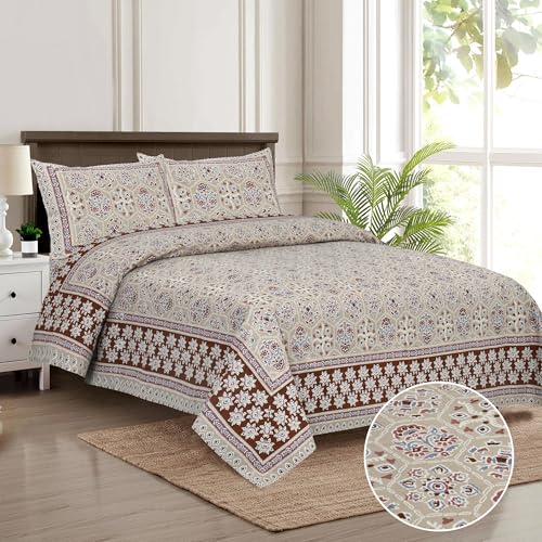 Image of King Size Cotton Bedsheet with 2 Pillow Covers - Soft, Breathable & Durable | Elegant Printed Bed Sheet Set for Bed - All-Season Use,TC-300 (100 * 108 INCH) (Sage Green)