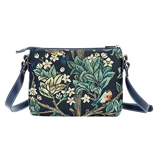Signare Tapestry Tote Bag, Crossbody Bag and Cosmetic Makeup Bag for Women with William Morris Tree of Life in Blue backdrop