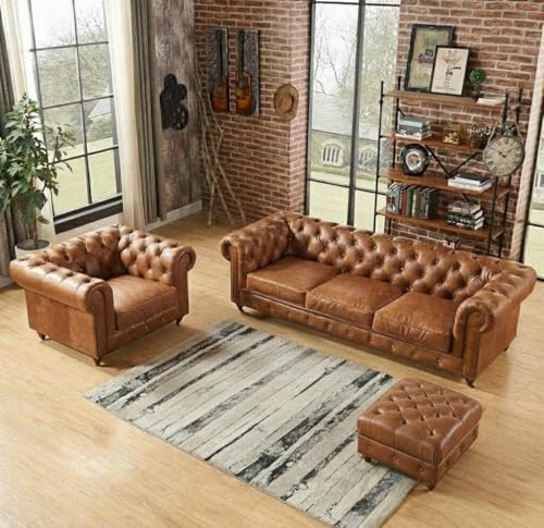 Image of Chesterfield Velvet Upholstery 3-Seater with Armchair and Footrest, Design in 3+1+Footrest Sofa for Living Room, Bedroom, Hallways (Leatherette, Brown)