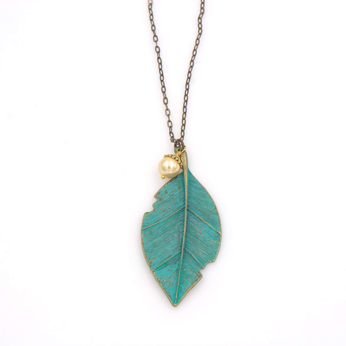 Martiana JewelryPatina Green Brass Tattered Leaf Pendant Necklace - Crystal Gold Pearl 3.5 & 26-in