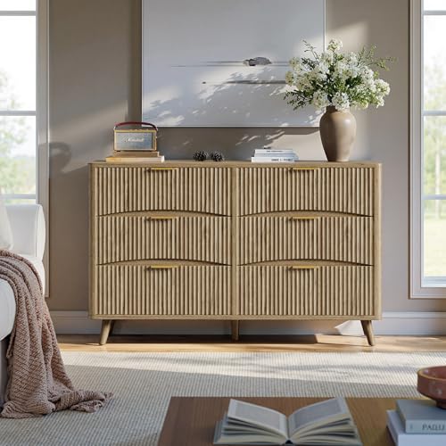 Image of Evermagin 54 inch Wide Fluted 6 Drawer Dresser, Mid Century Modern Curved Dresser, Light Wood Chest of Drawers for Bedroom, Living Room and Entryway, Natural Oak