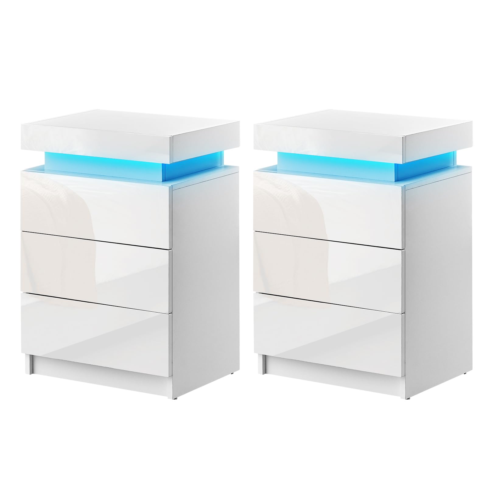 CLIPOP Bedside Tables Set of 2 with LED Lights, High Gloss Front Side Table with 3 Drawers and Top Storage Cabinet, Modern LED Nightstand for Bedroom Living Room, White, 2PCs โ image 1
