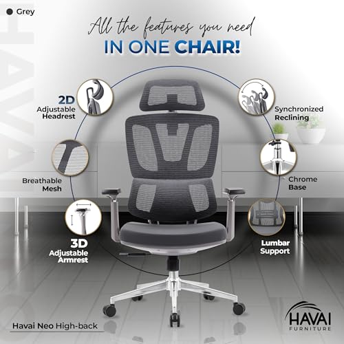 Image of HAVAI Neo High Back Ergonomic Mesh Office Chair | Multi-Lock Mechanism | Chrome Base | 3D Armrests with PU Pads | Adjustable Headrest | Breathable Mesh Back (Grey)
