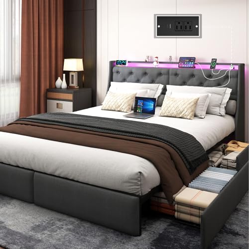 Doltoro King Size Platform Bed Frame with 4 Storage Drawers and LED Headboard, Upholstered King Metal Bed with Charging Station, No Box Spring Needed, Easy Assembly, Gray